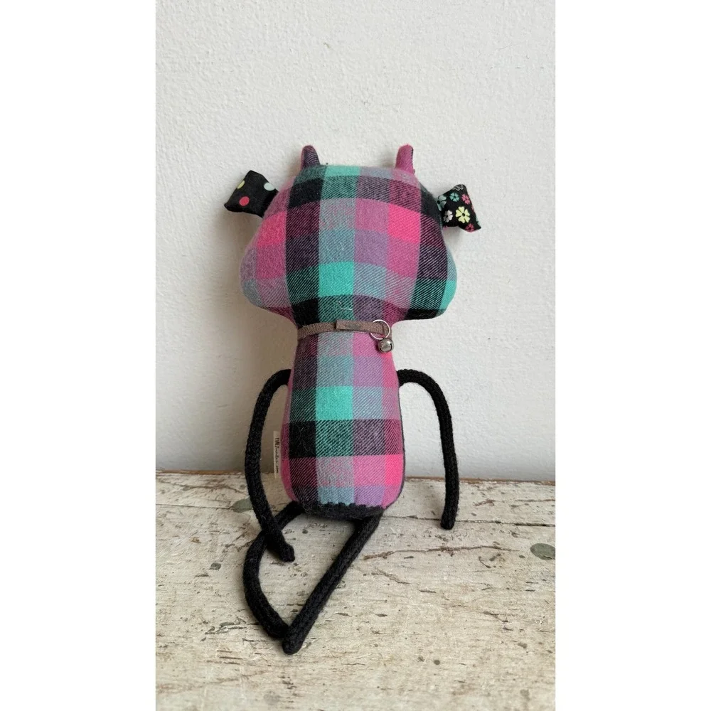 Pink Needle Felted Cow Plush Patchwork Floral Plaid Heart Bell Toy